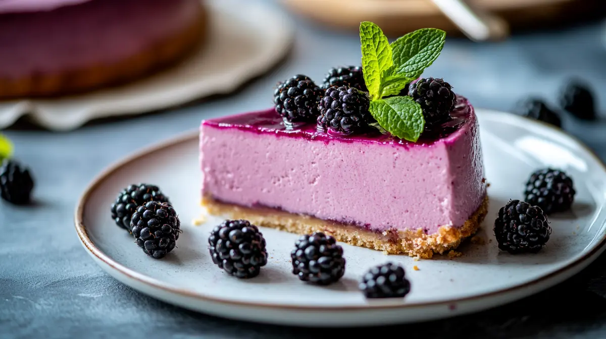 Slice of blackberry cheesecake on white plate garnished with fresh blackberries and mint.