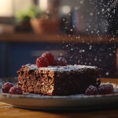 Heavenly hash brownies on a ceramic plate with powdered sugar and berries.