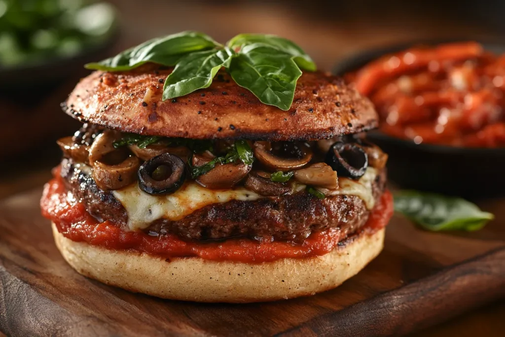 A beautifully plated pizza burger with fresh basil and side of marinara sauce, showcasing vibrant colors and textures.