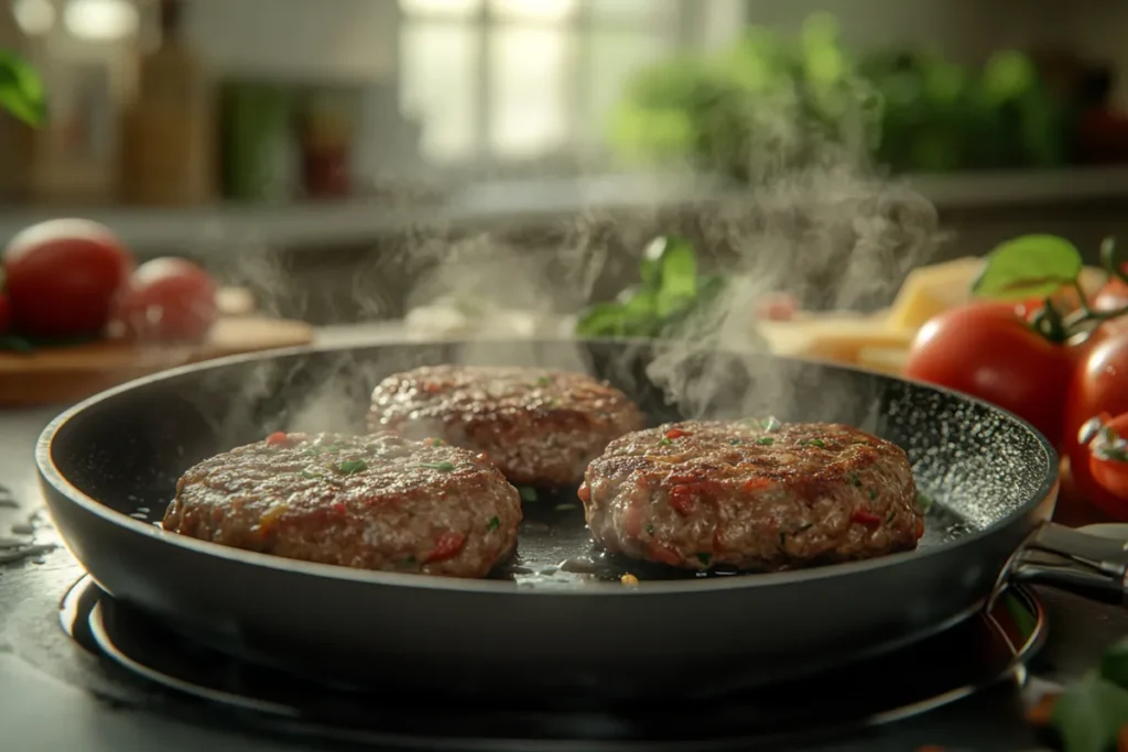 Burger patties sizzling in a skillet with steam rising, surrounded by fresh ingredients, in a cozy kitchen setting.
