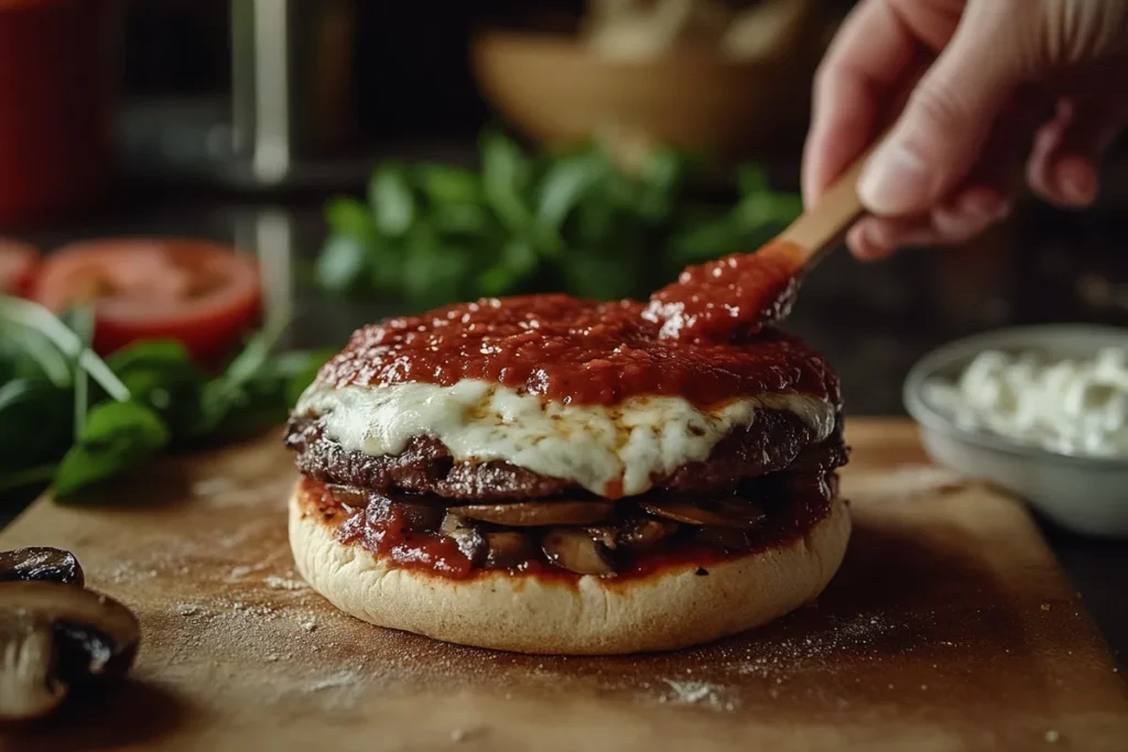 A pizza burger being assembled with sauce on a toasted bun, surrounded by toppings and fresh ingredients on a wooden board.