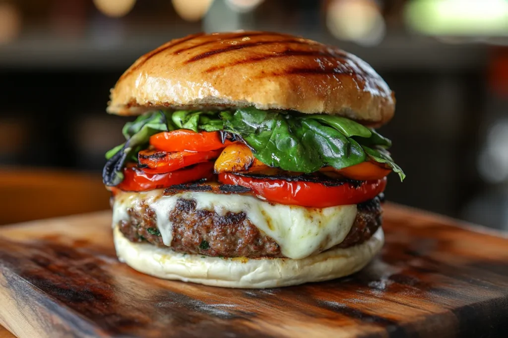 A vegetarian pizza burger with a plant-based patty, topped with fresh vegetables and melted cheese, on a rustic board.
