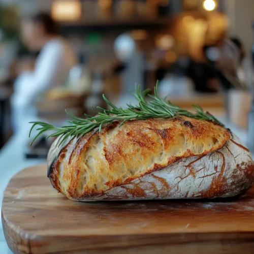 A beautifully plated loaf of sourdough bread without starter, garnished with rosemary, showcasing a golden crust and airy crumb.